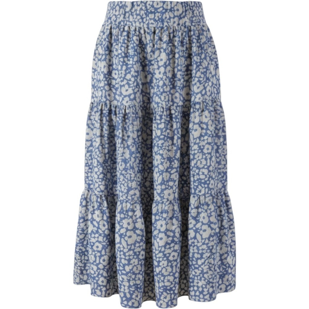 Umgee Woman's Medium Blue White Floral Tiered Midi Skirt Smocked Waist Boho